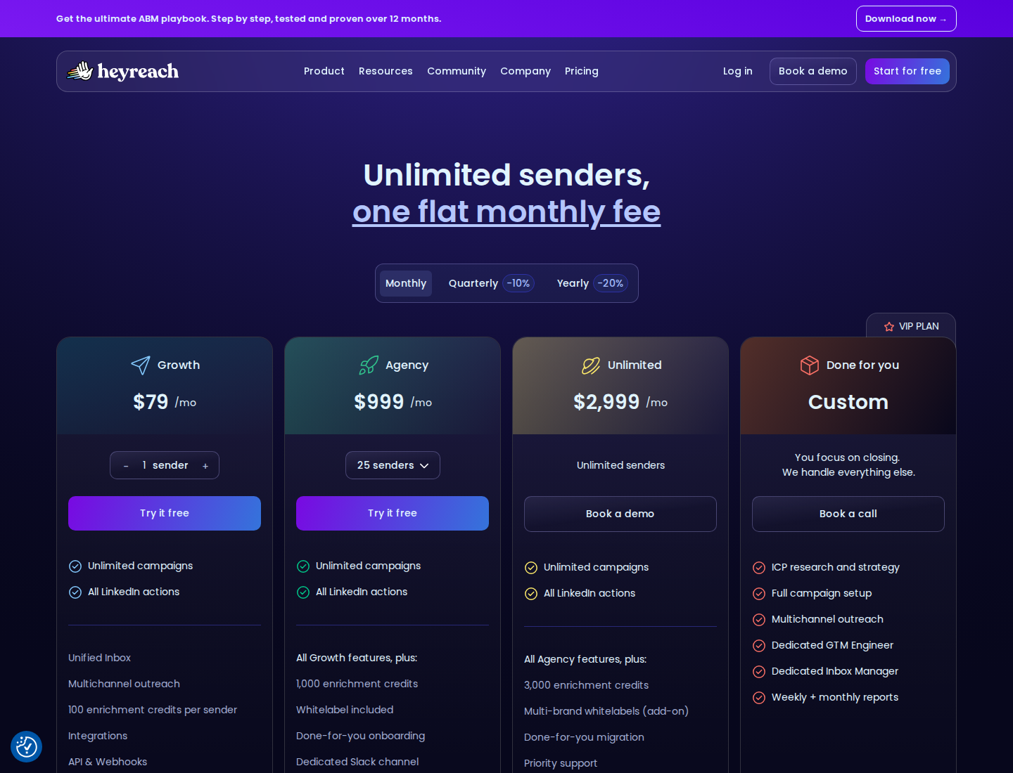 HeyReach monthly pricing showing Growth, Agency with 25 senders, and Unlimited