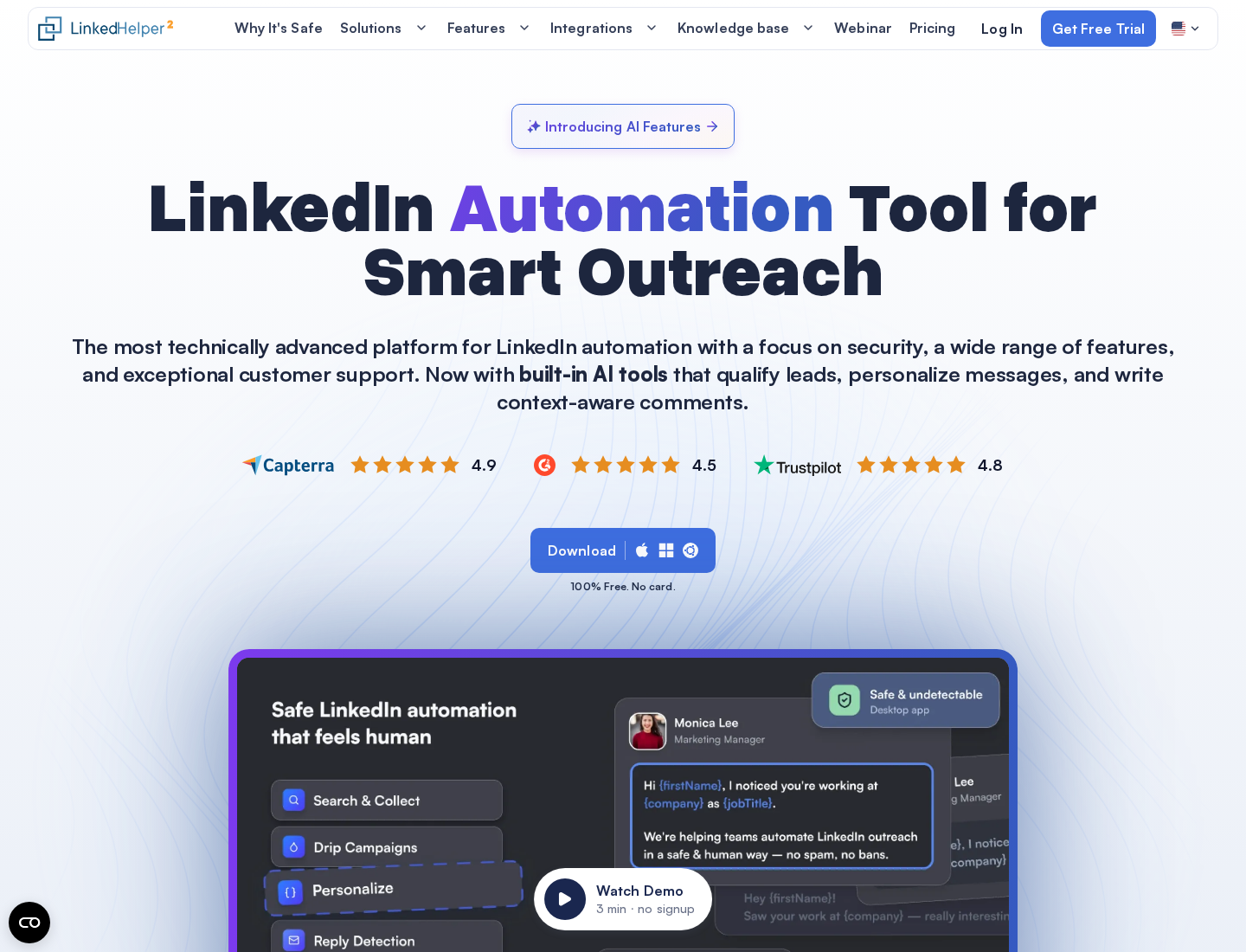 Linked Helper homepage introducing desktop LinkedIn outreach automation