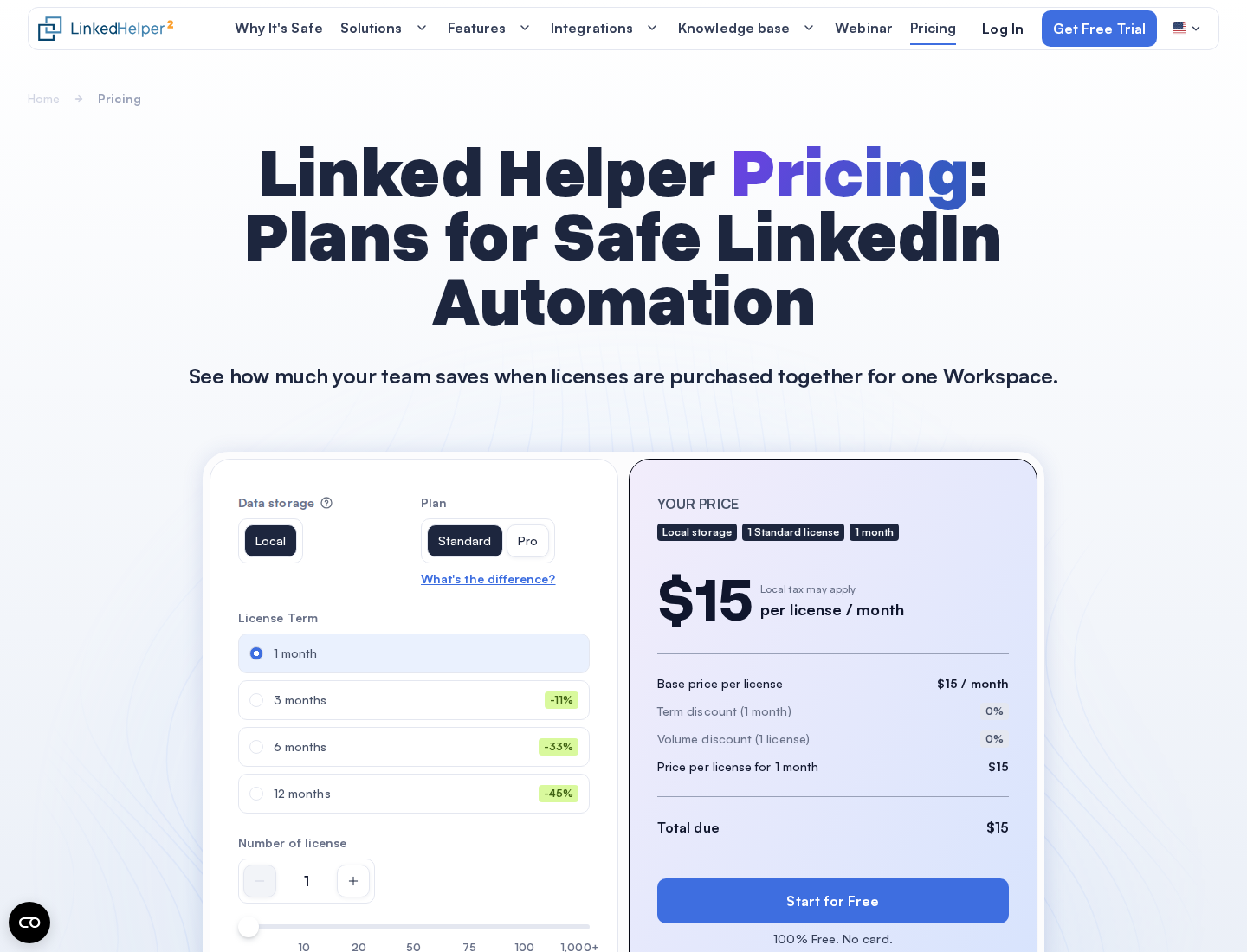 Linked Helper calculator showing one Local Standard license for one month at $15