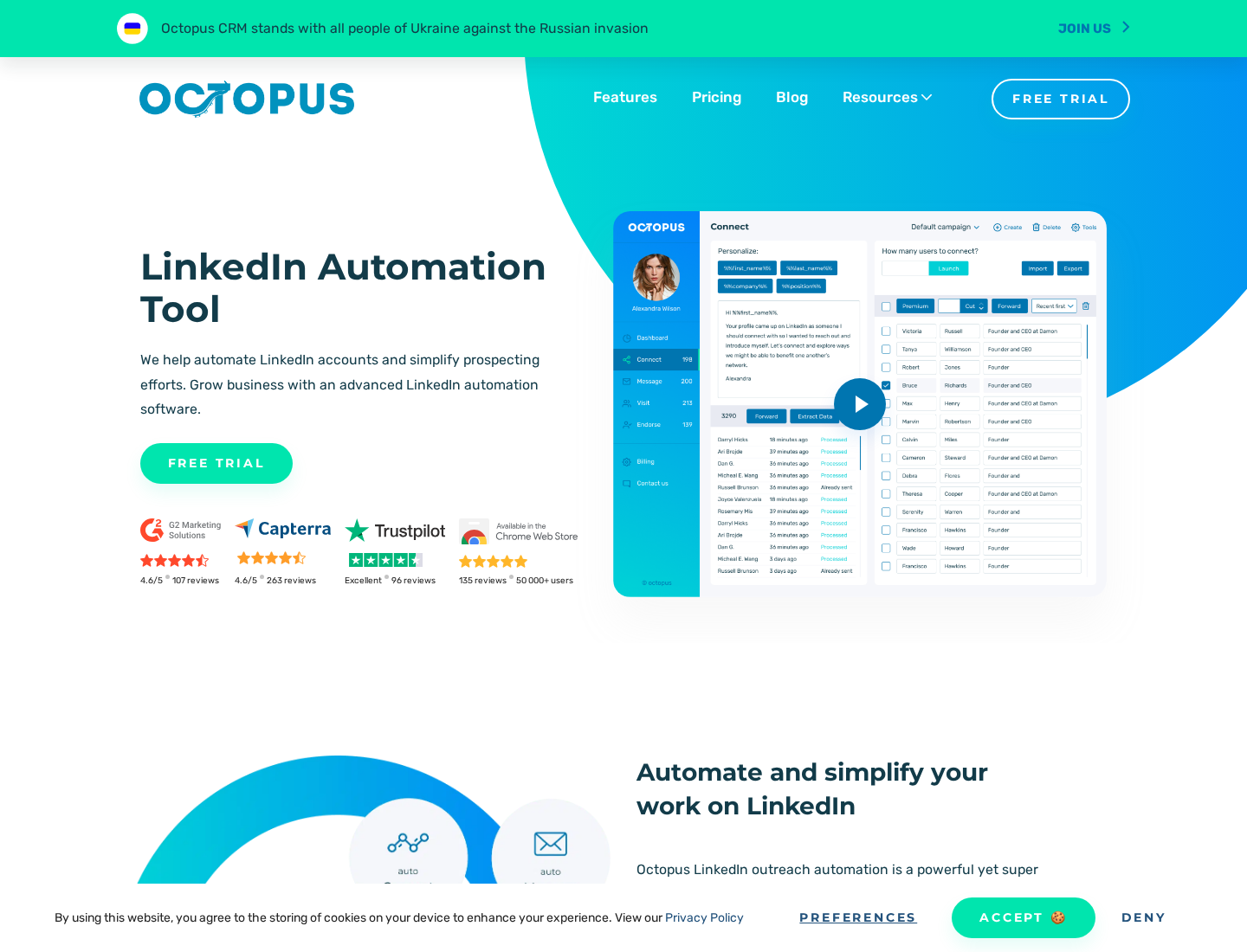 Octopus CRM homepage showing its LinkedIn campaign interface