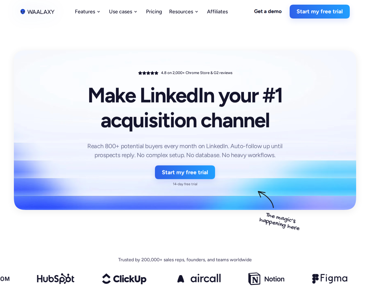 Waalaxy homepage introducing automated LinkedIn outreach and follow-ups
