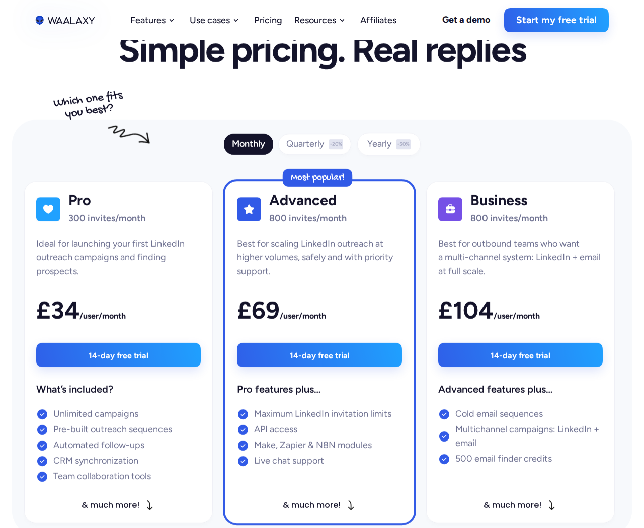 Waalaxy pricing showing monthly GBP prices for Pro, Advanced, and Business