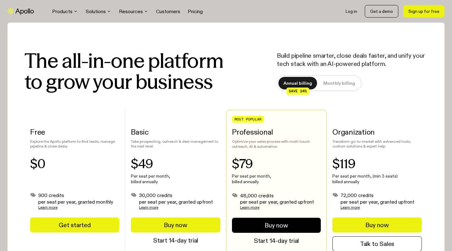 Apollo official pricing with billing period