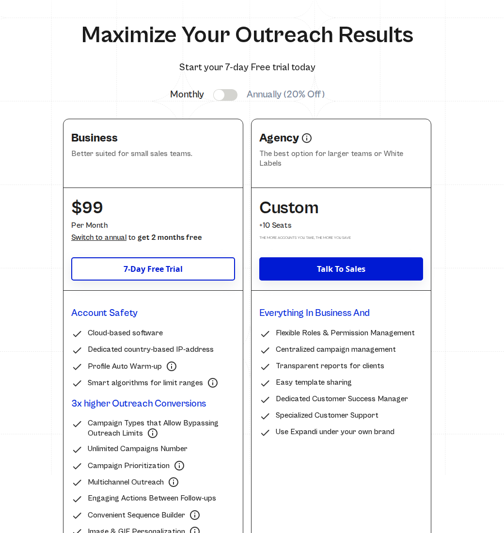 Expandi official pricing with billing period