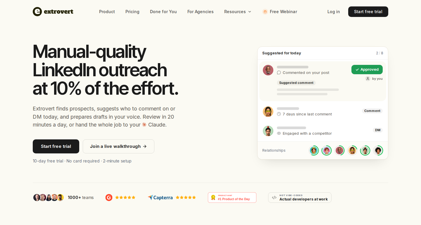 Extrovert homepage: LinkedIn engagement and warm outreach
