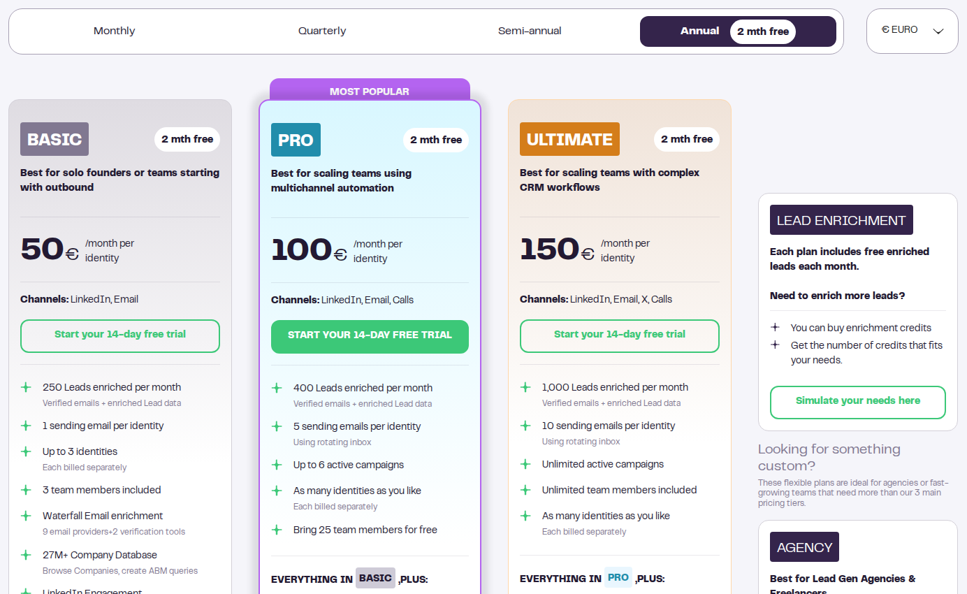 La Growth Machine pricing in euros with monthly billing