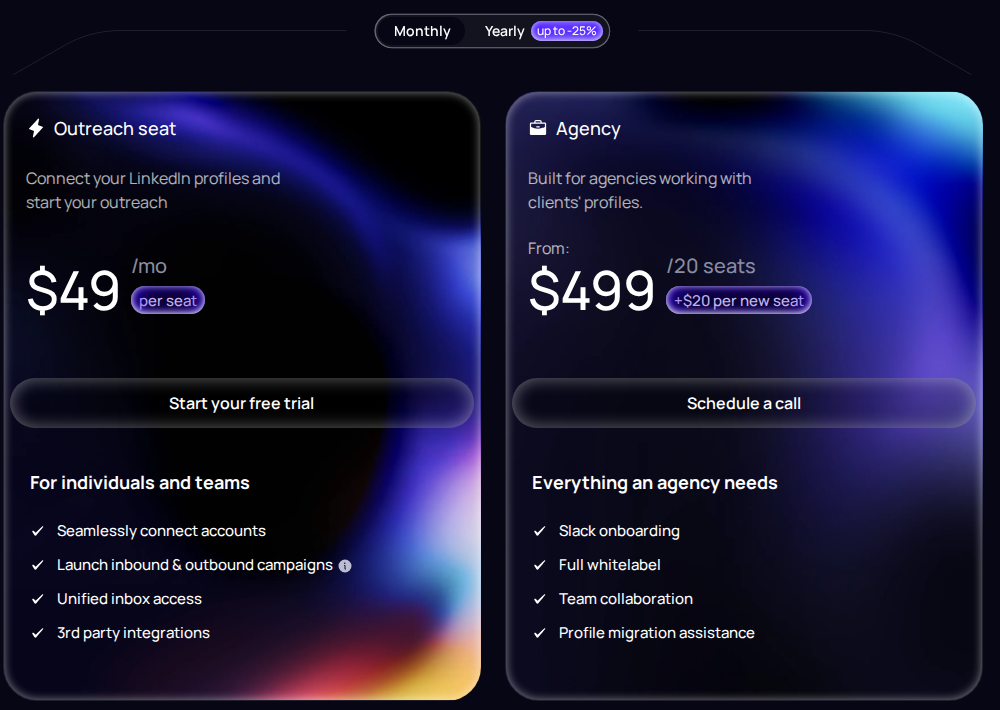 Aimfox official pricing: monthly pricing; Outreach and Agency are separate offers