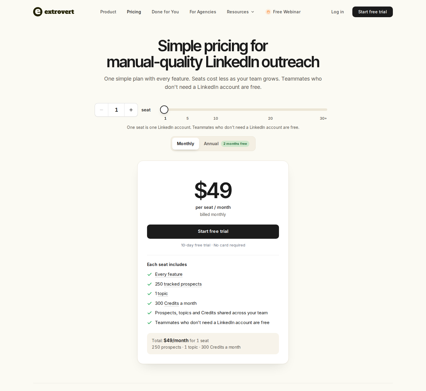 Extrovert official pricing: monthly billing, one connected account