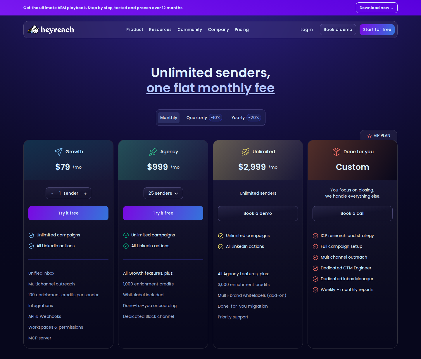 HeyReach official pricing: monthly billing; sender-based plans