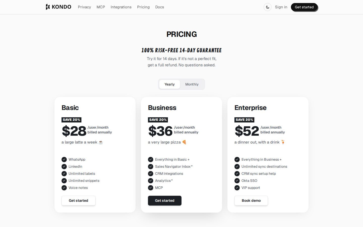Kondo official pricing: annual billing; per-user plans