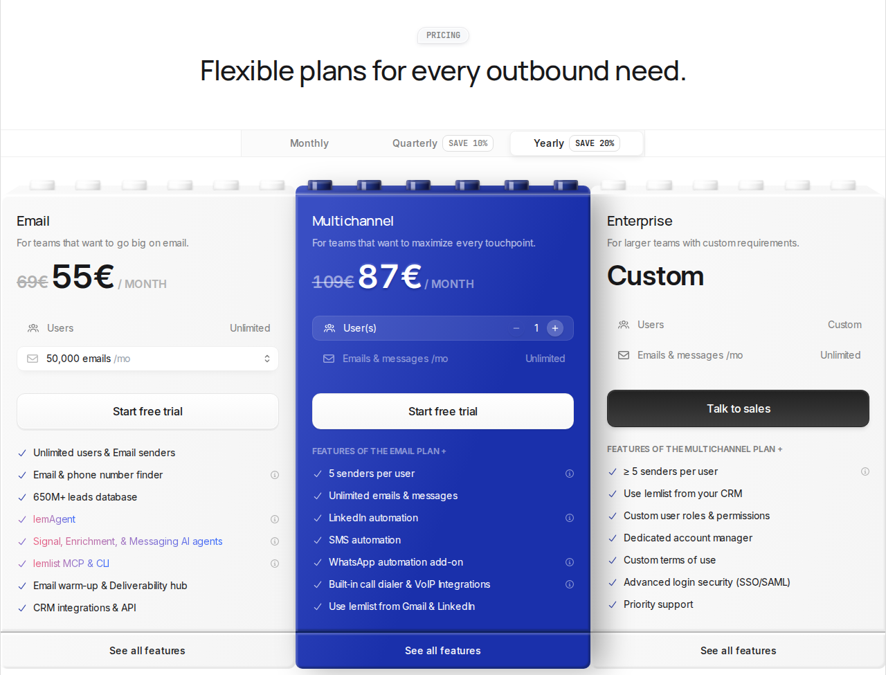 Lemlist official pricing: Yearly billing selected; euro plan prices