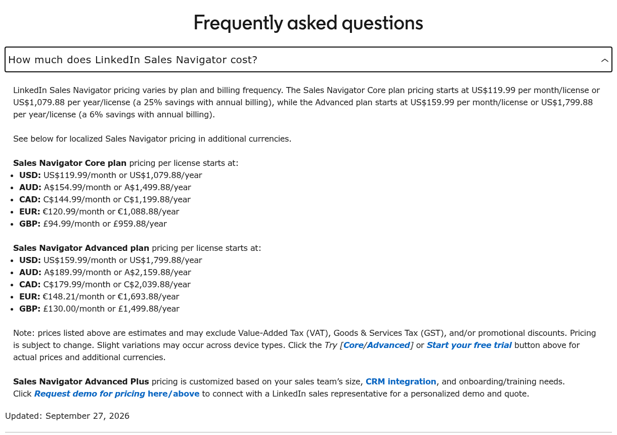 Sales Navigator official pricing: official monthly and annual cost answer in USD and regional currencies