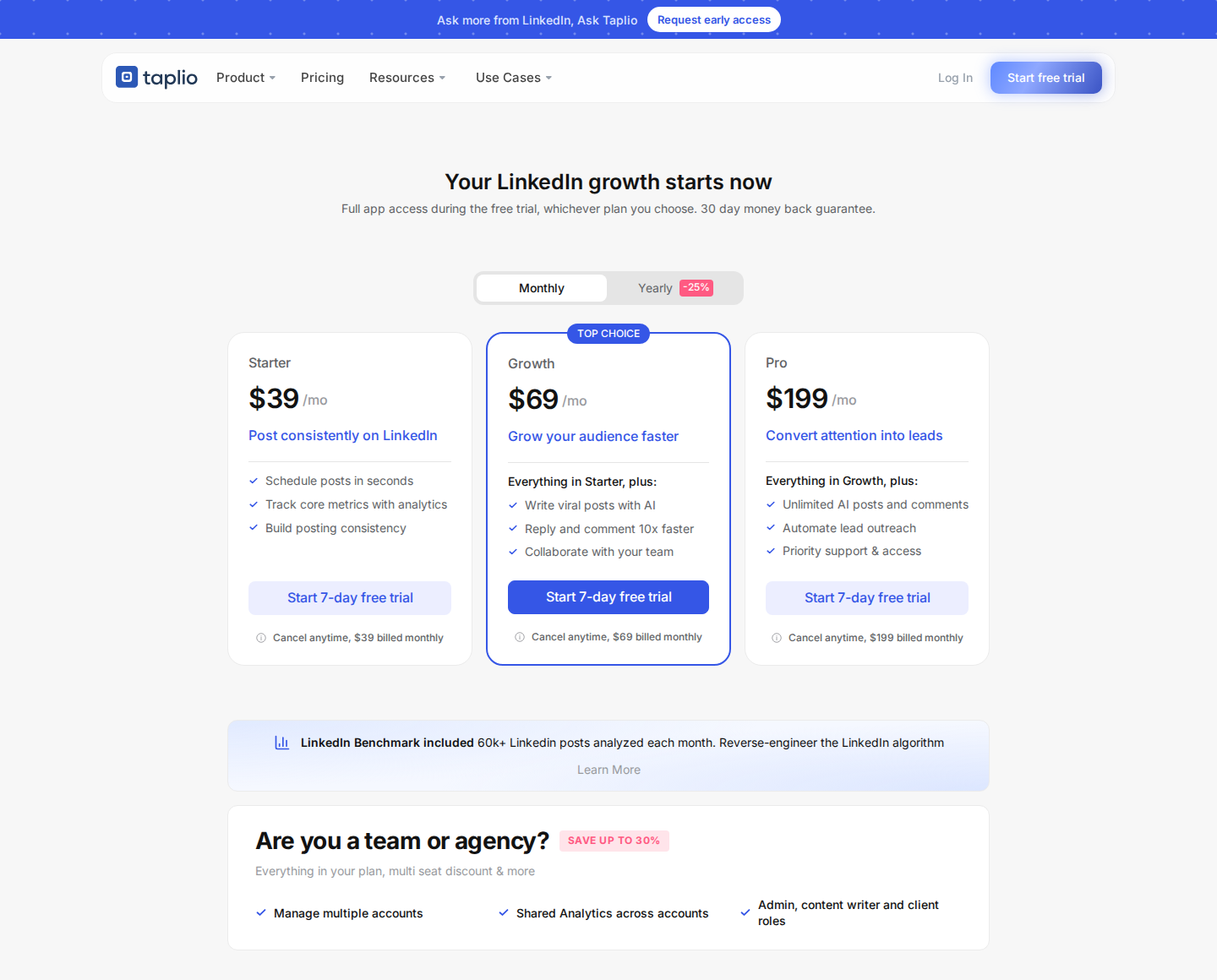 Taplio official pricing: monthly billing; Starter, Growth and Pro