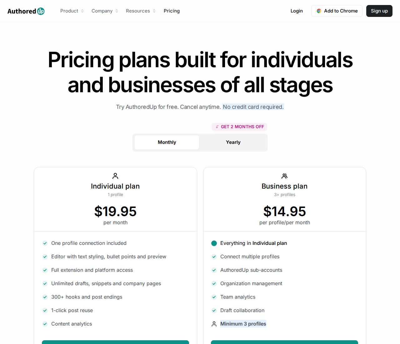 AuthoredUp’s monthly pricing distinguishes one individual profile from a business plan with at least three profiles.