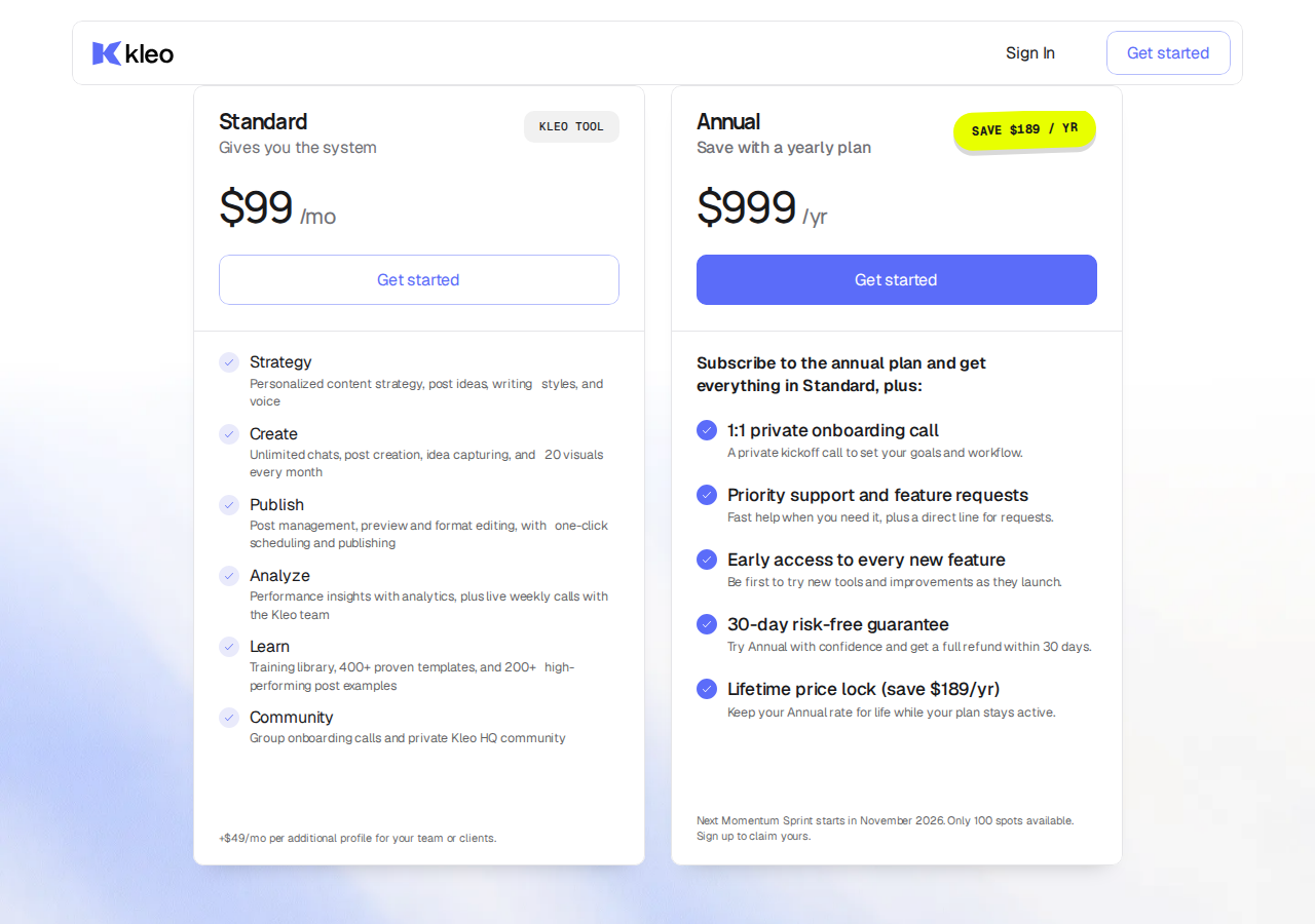 Kleo’s official pricing section shows the Standard and annual subscriptions.