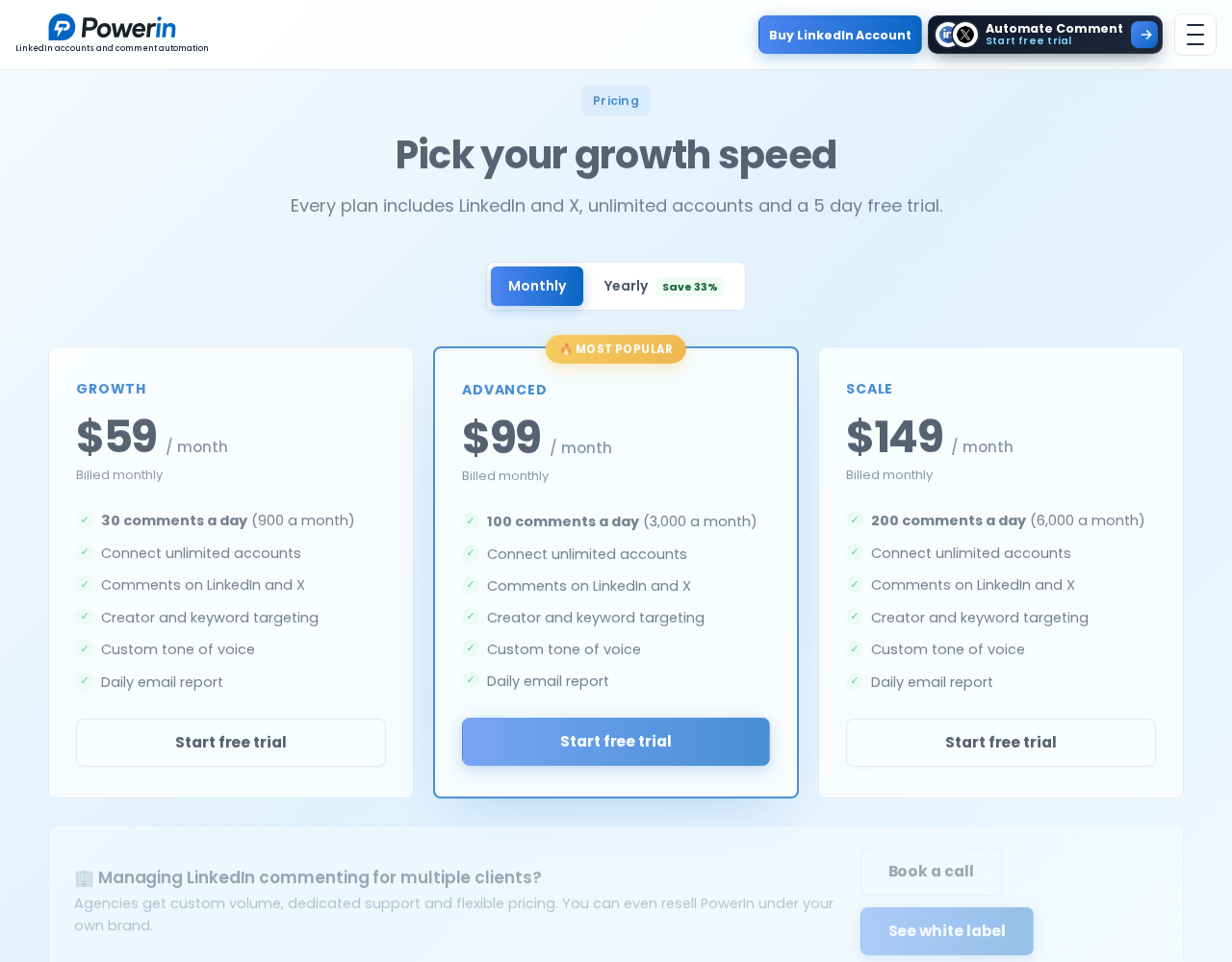 PowerIn’s LinkedIn comment automation page shows its campaign plans and comment allowances.