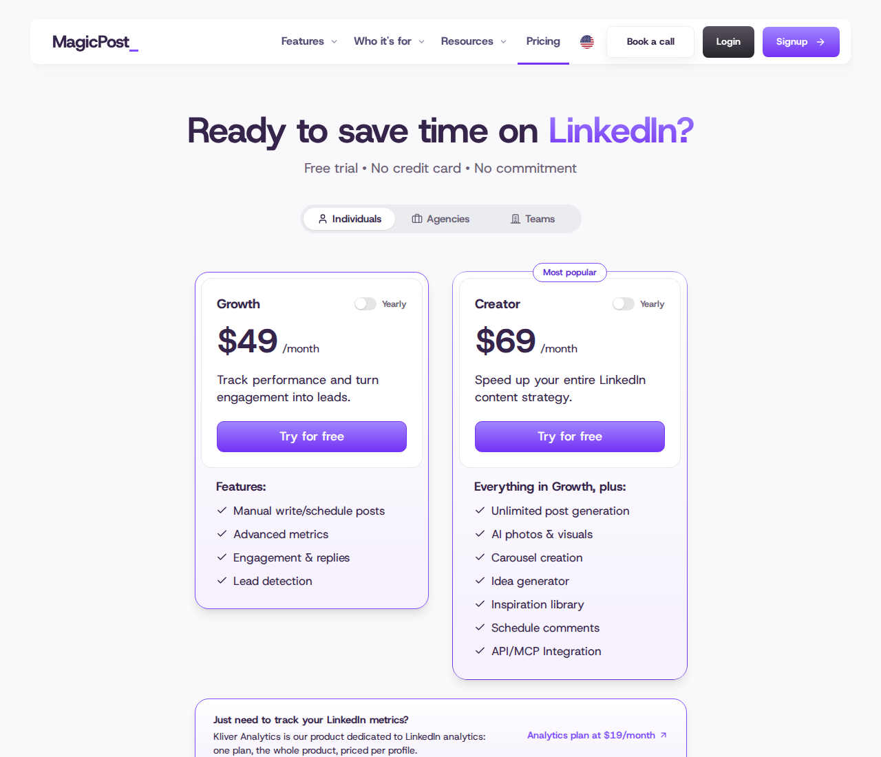 MagicPost’s individual monthly pricing shows Growth and Creator plans.
