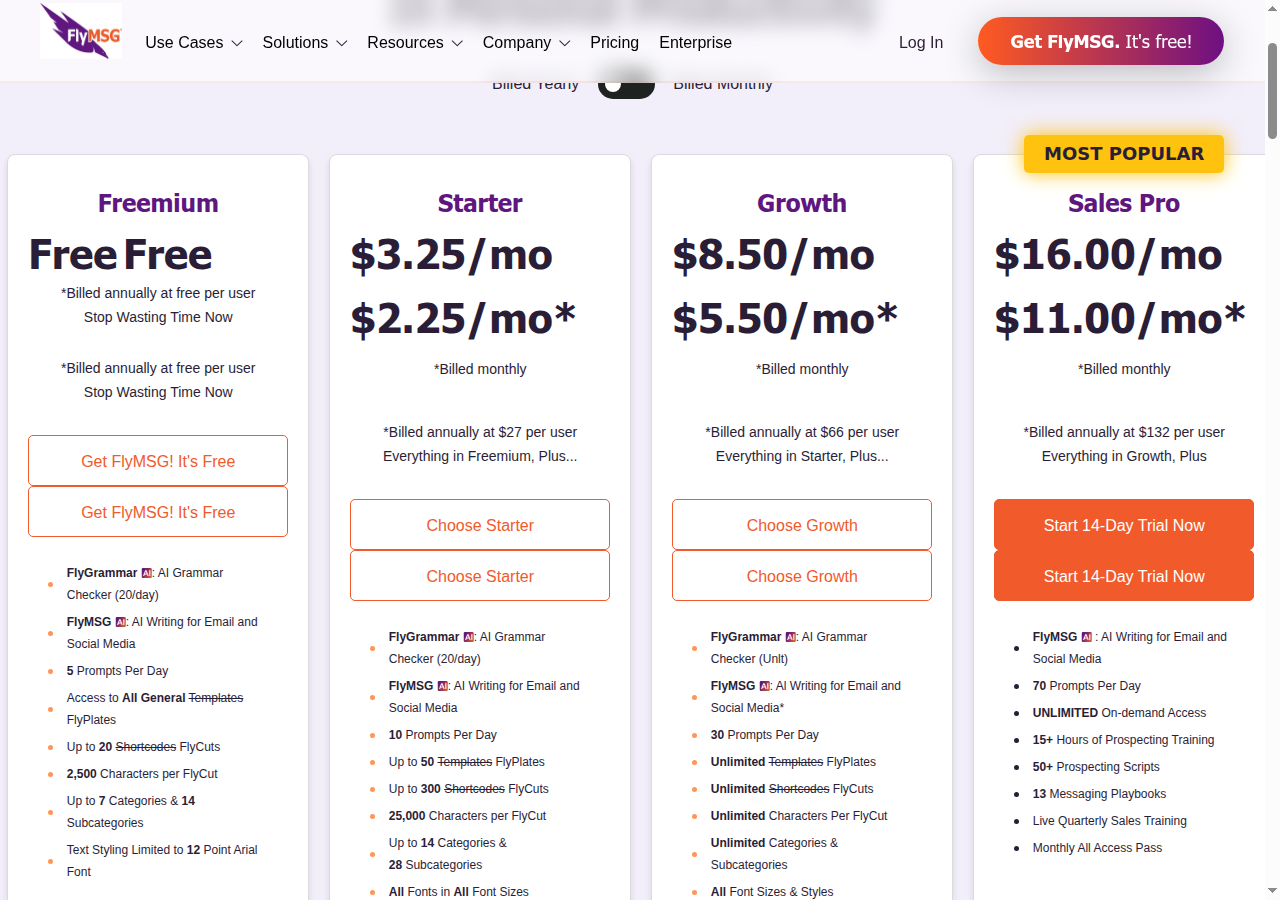 FlyMSG pricing shows monthly and annual rates for its Growth plan.