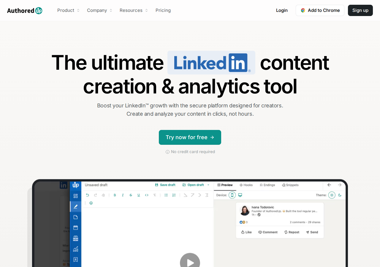 AuthoredUp’s official homepage presents its LinkedIn content creation and analytics tool.