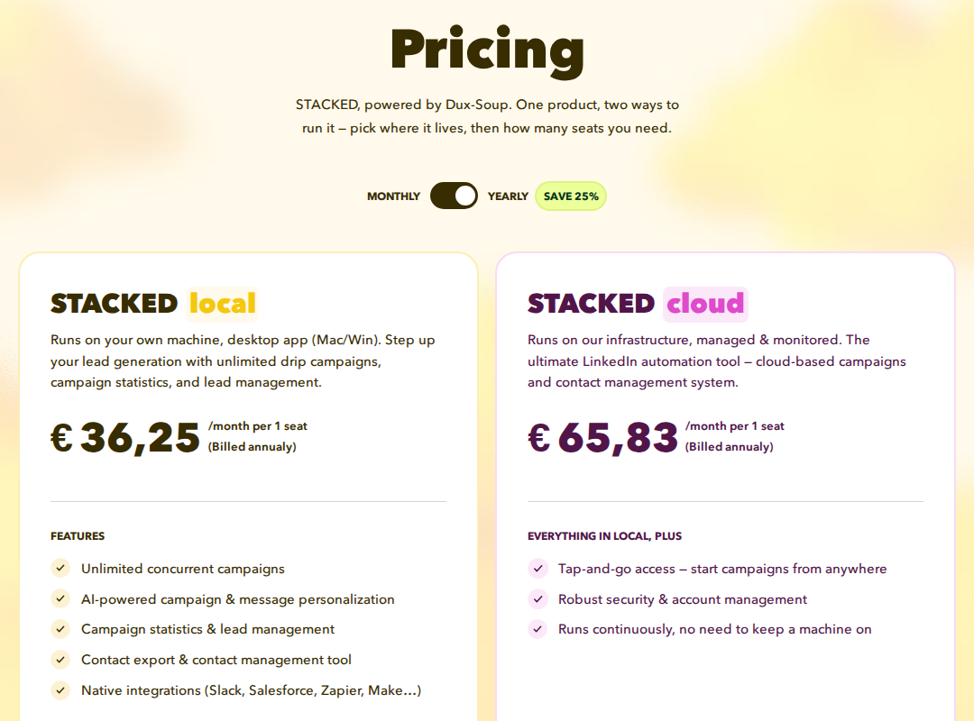 Dux-Soup STACKED Local and Cloud pricing