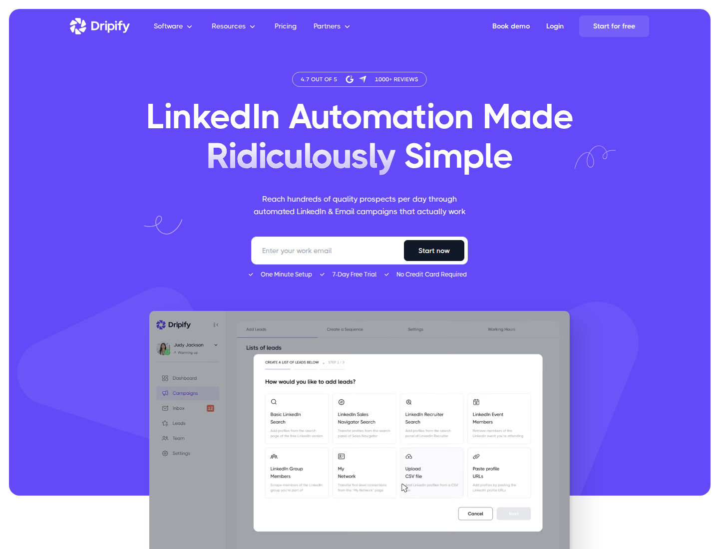 Dripify official homepage showing LinkedIn and email outreach