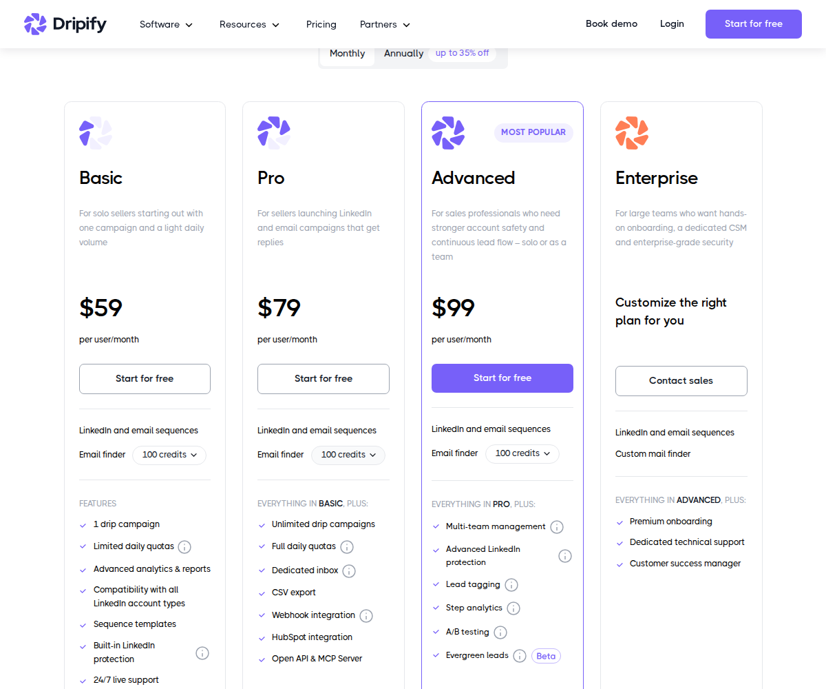 Dripify Basic Pro and Advanced pricing cards