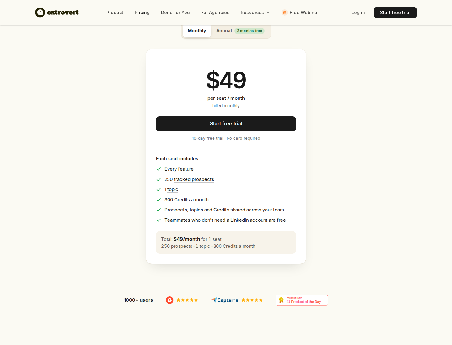 Extrovert pricing for one LinkedIn seat billed monthly