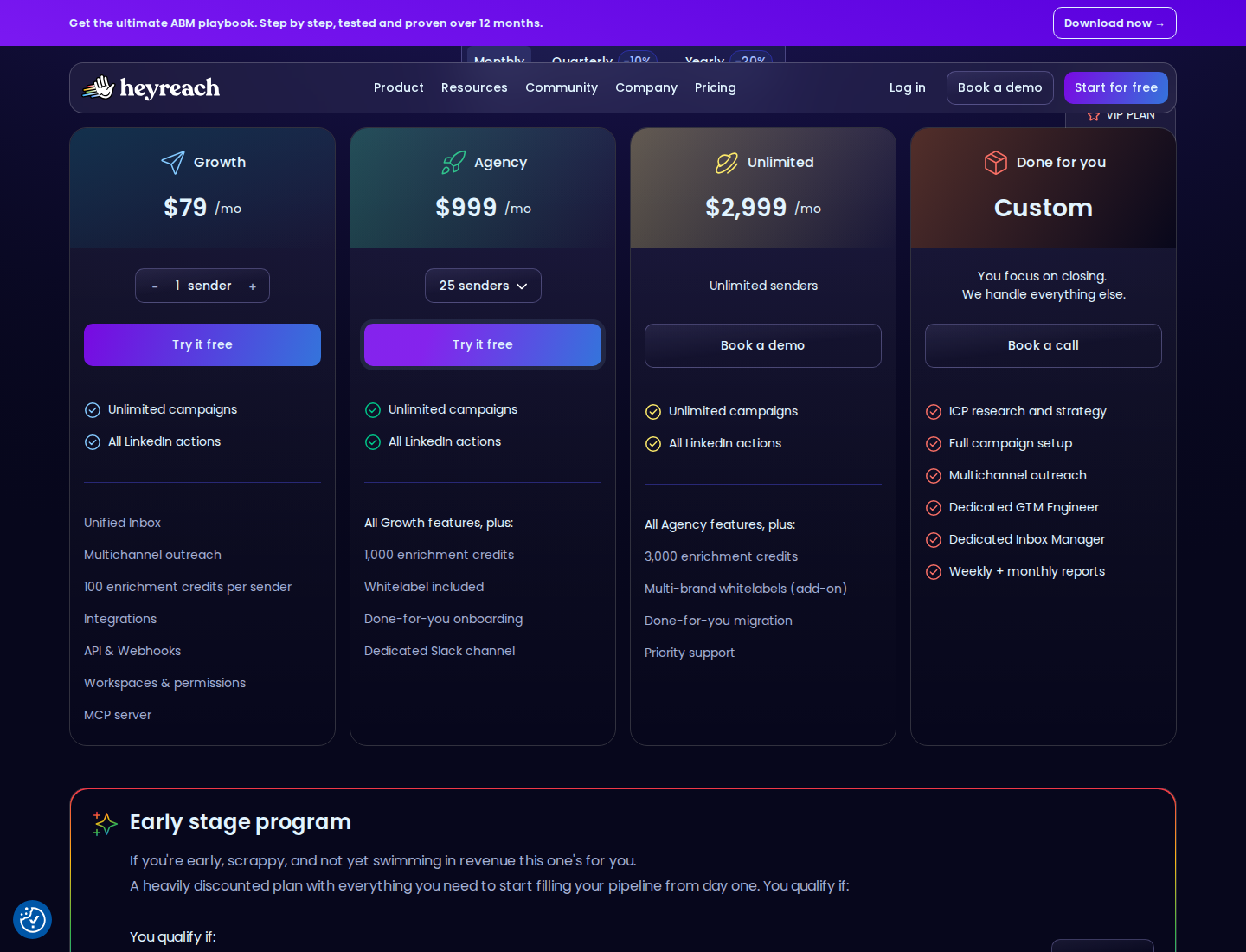 HeyReach monthly pricing with Growth Agency and Unlimited plans
