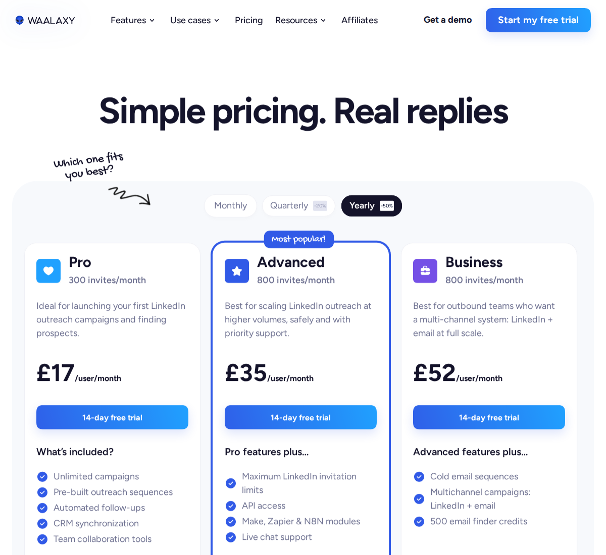 Waalaxy pricing plans showing Pro Advanced and Business