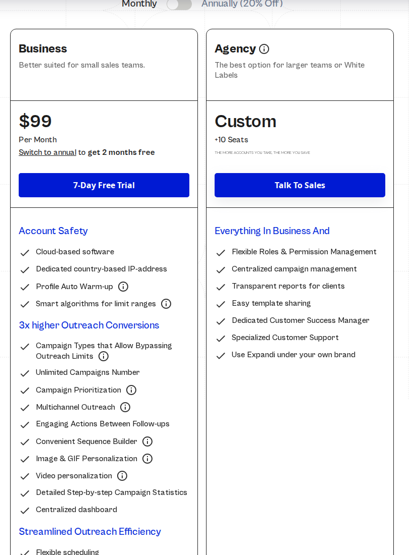 Expandi official pricing with monthly Business pricing and custom Agency pricing
