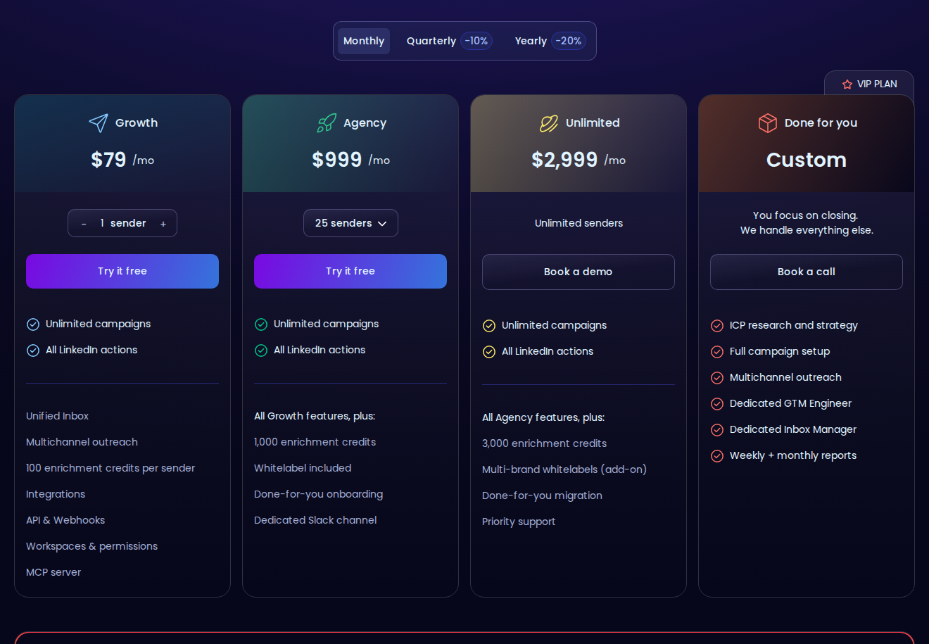 HeyReach official pricing with monthly billing and the Agency selector set to 25 senders