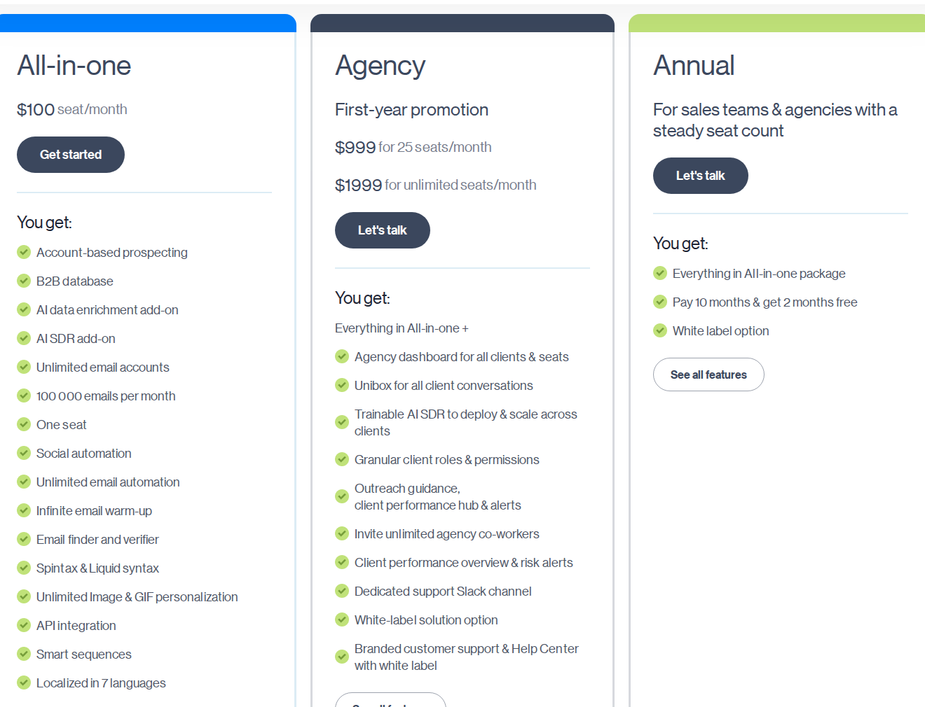 Skylead official pricing with All-in-one monthly seat pricing and first-year agency promotions