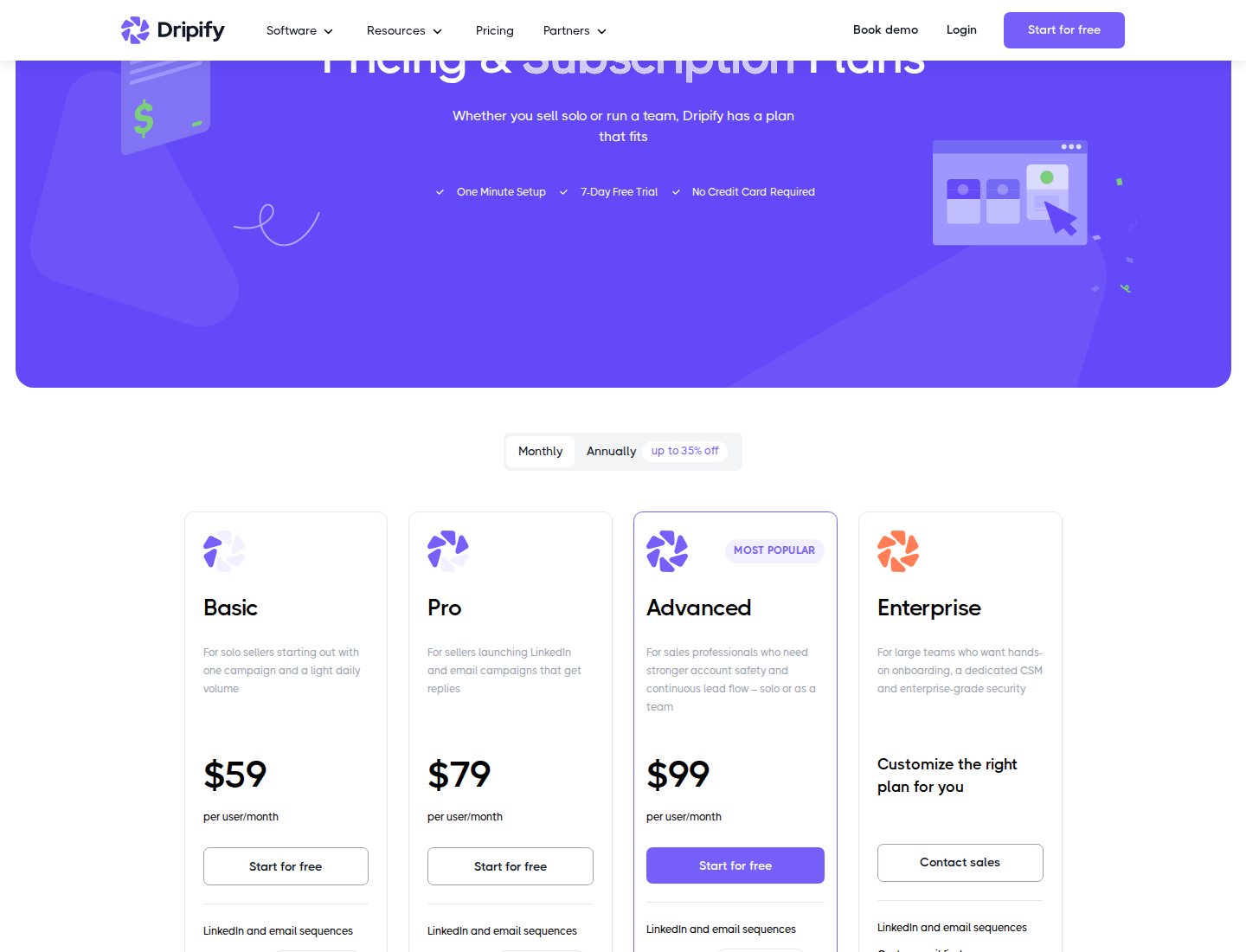 Dripify's official monthly pricing section.