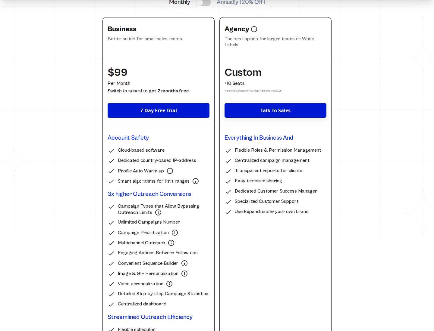 Expandi's official pricing section with billing context.