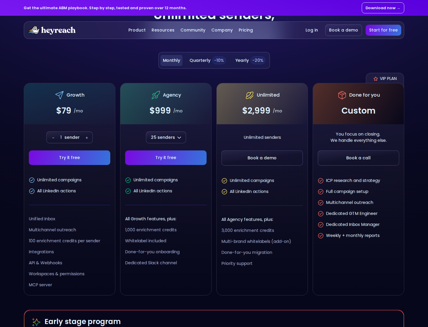 HeyReach's official pricing section with billing context.