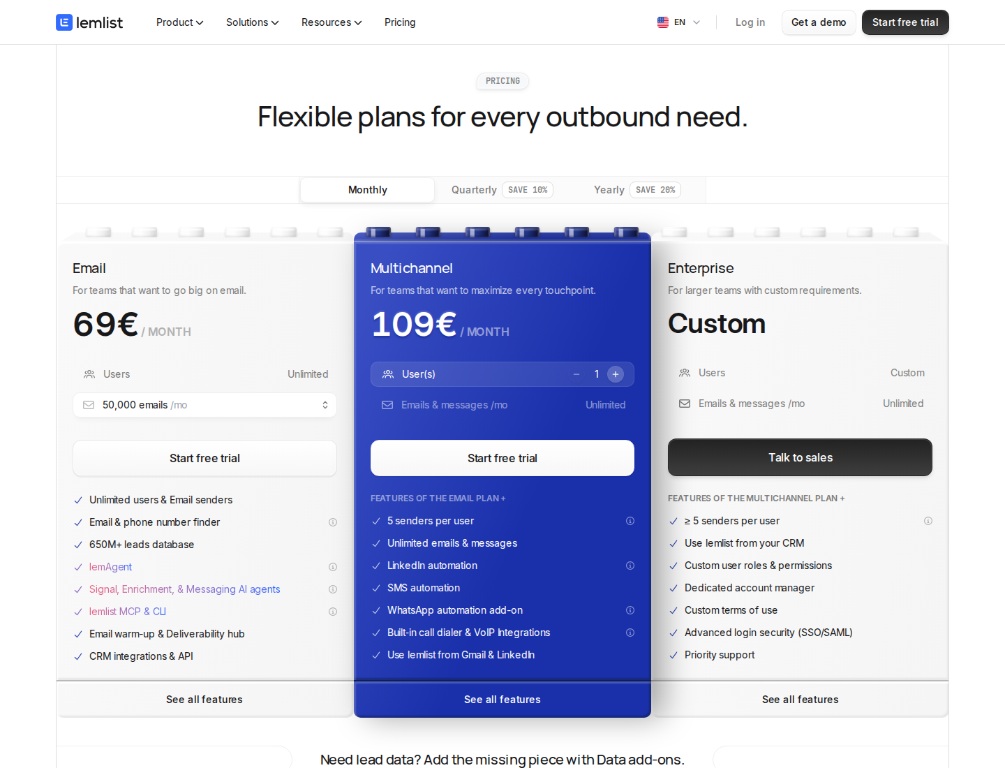 lemlist's official pricing section with billing context.