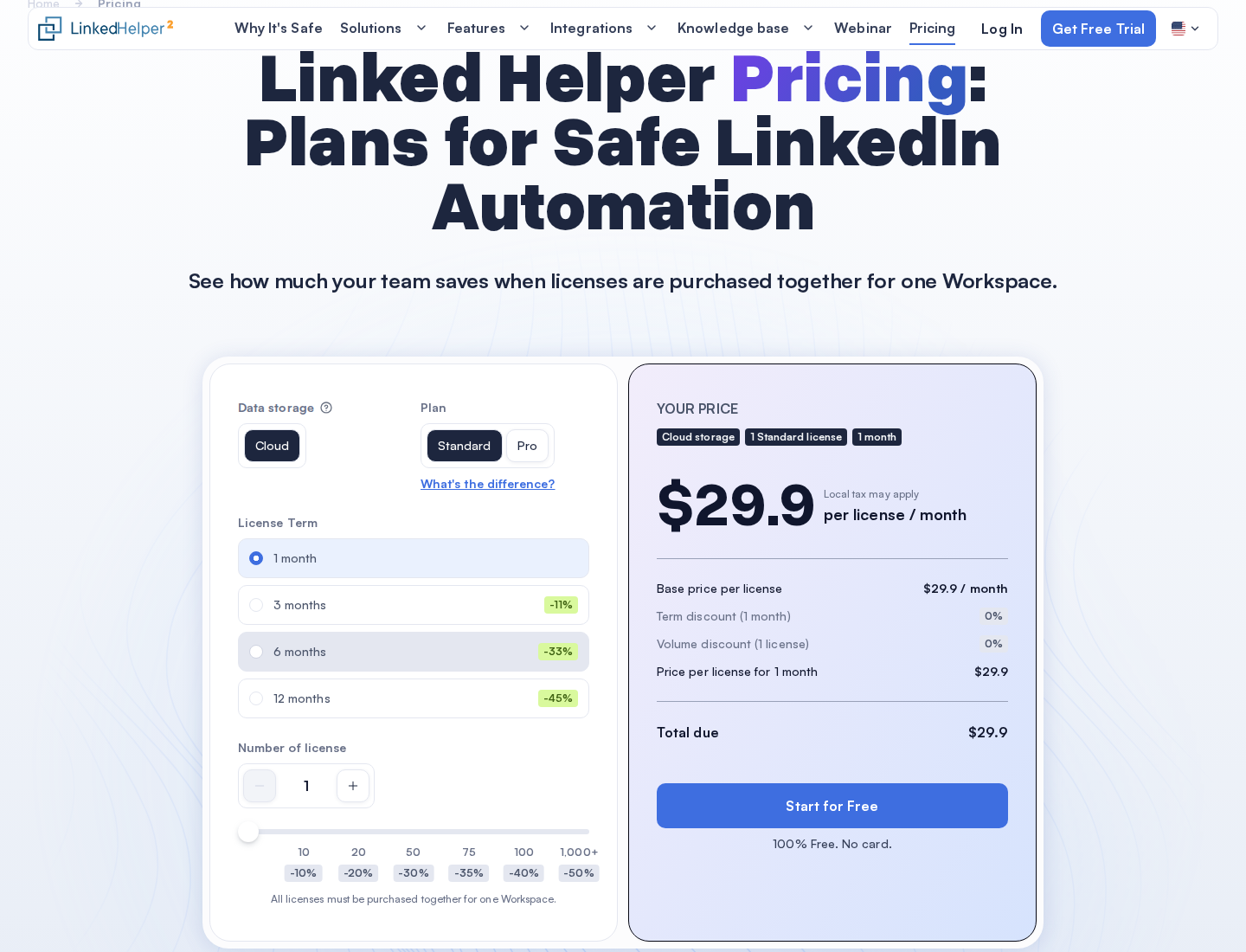 Linked Helper's official pricing section with billing context.