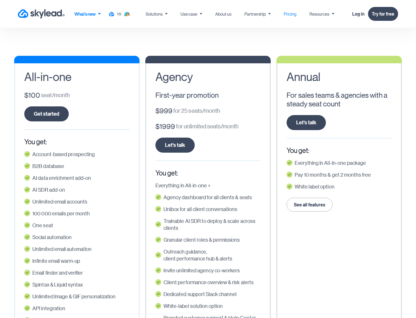 Skylead's official pricing section with billing context.