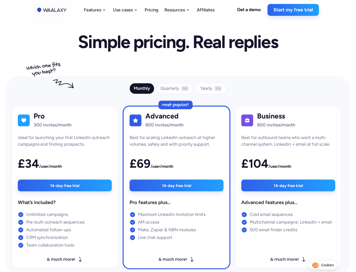 Waalaxy's official pricing section with billing context.