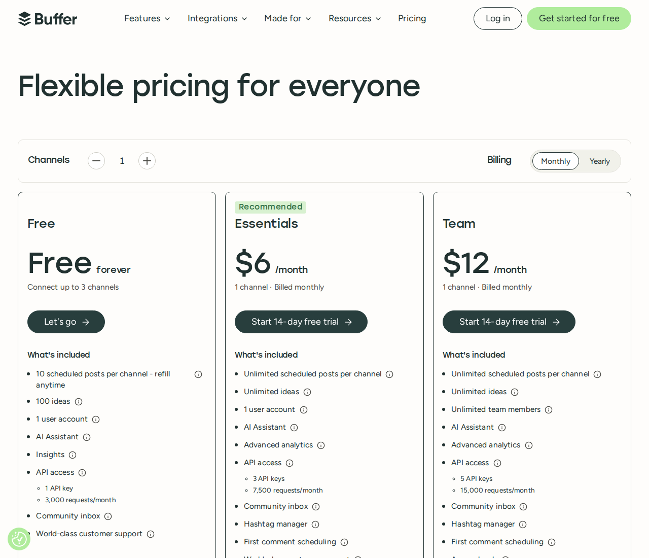 Buffer official pricing section