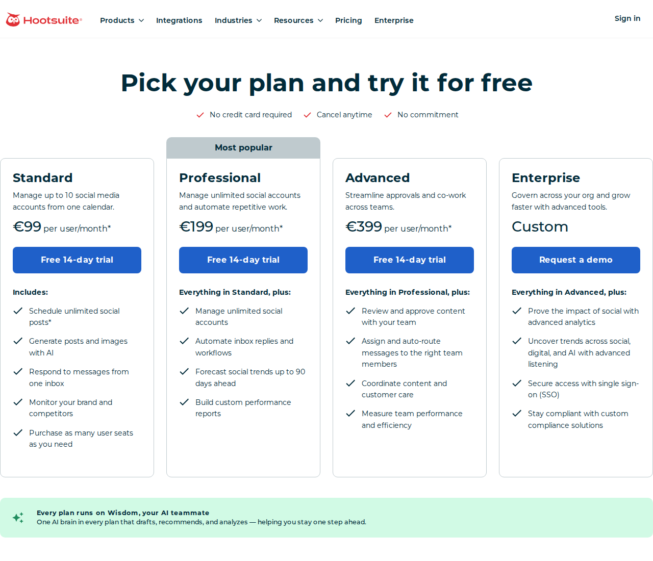 Hootsuite official pricing section