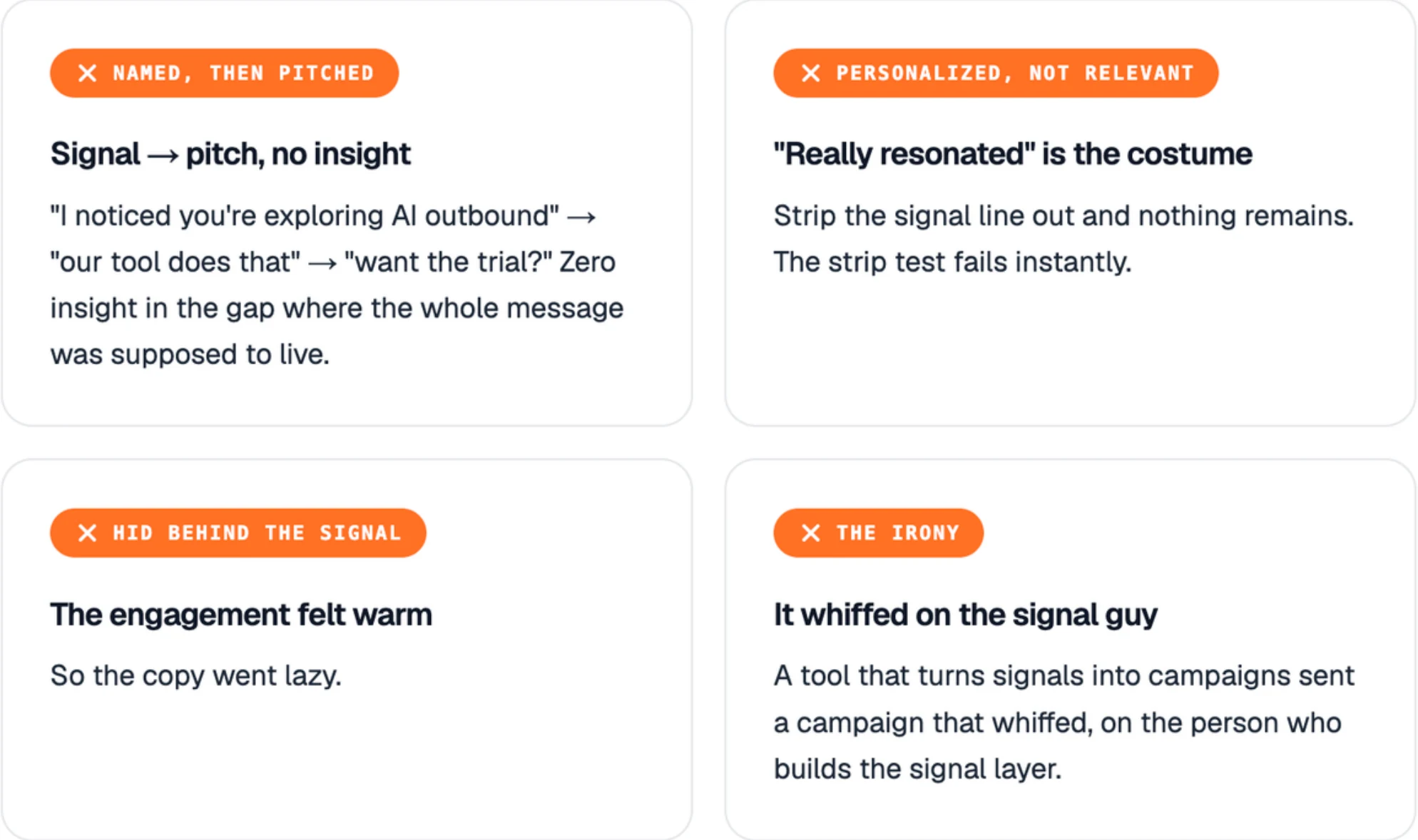 Four reasons signal-based outreach fails, including pitching without insight and failing the strip test